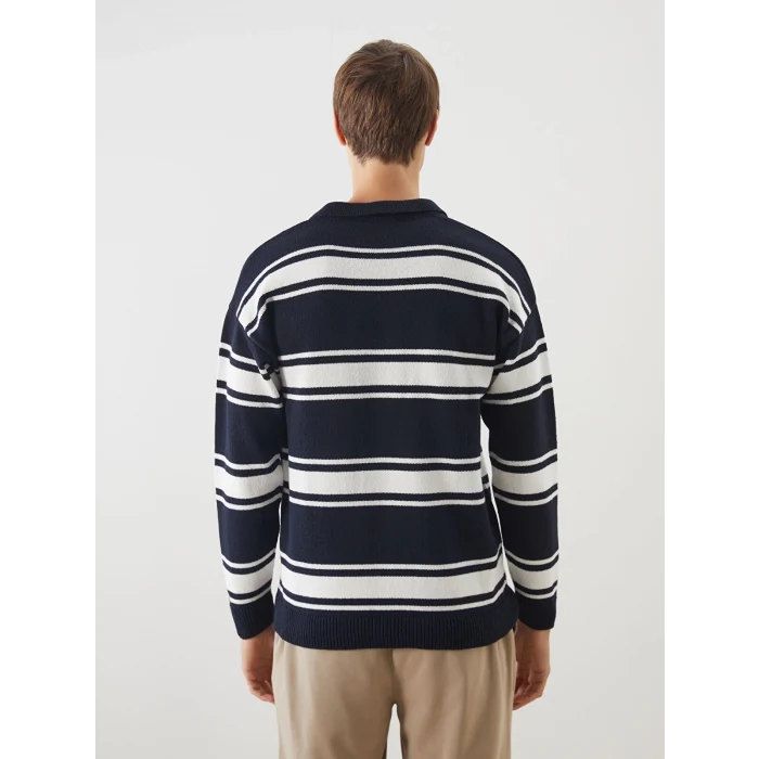 XSIDE Lacivert Polo Yaka Çizgili Erkek Triko Kazak