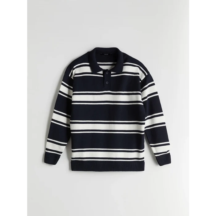 XSIDE Lacivert Polo Yaka Çizgili Erkek Triko Kazak