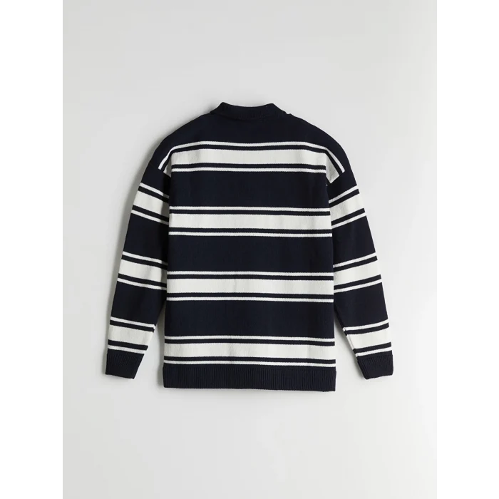 XSIDE Lacivert Polo Yaka Çizgili Erkek Triko Kazak