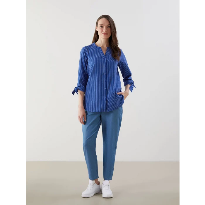LCW Grace Mavi Çizgili Poplin Kadın Gömlek