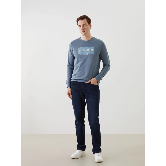 LCWAIKIKI Classic Indigo Bisiklet Yaka Uzun Kollu Baskılı Erkek Sweatshirt