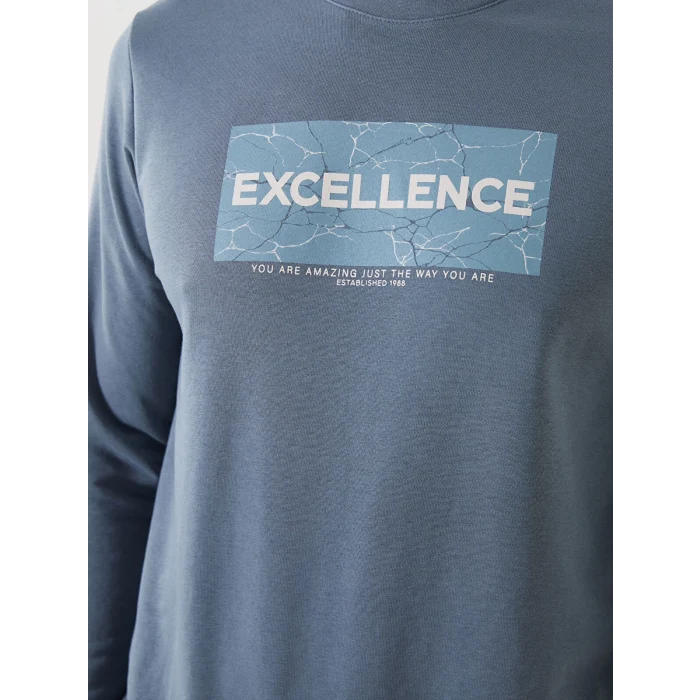 LCWAIKIKI Classic Indigo Bisiklet Yaka Uzun Kollu Baskılı Erkek Sweatshirt