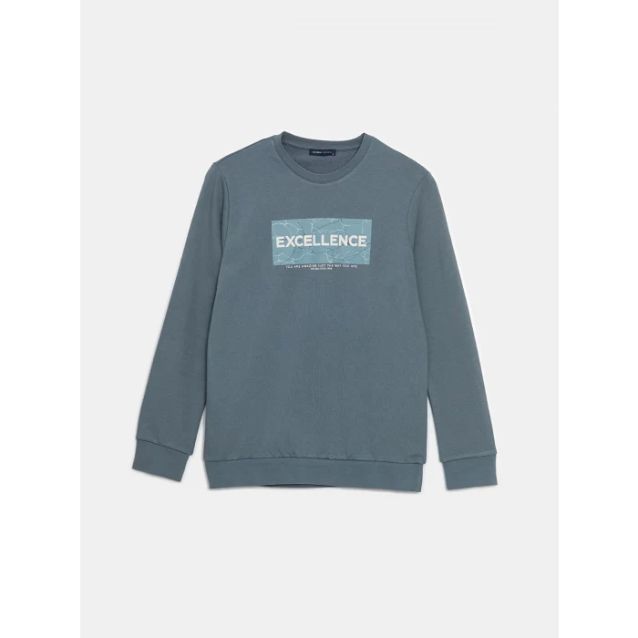 LCWAIKIKI Classic Indigo Bisiklet Yaka Uzun Kollu Baskılı Erkek Sweatshirt
