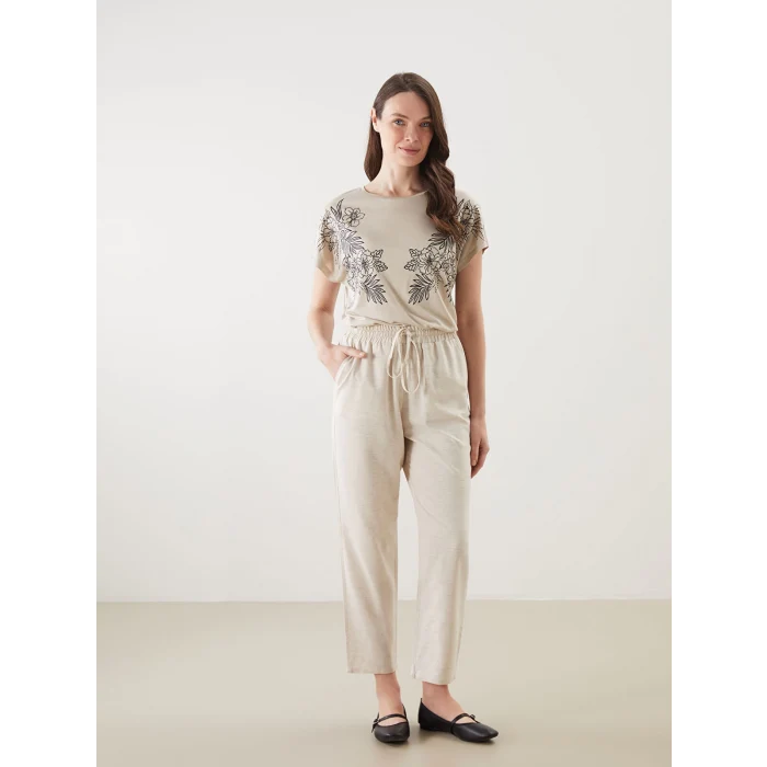 LCW Grace Bej Beli Lastikli Keten Karışımlı Kadın Pantolon