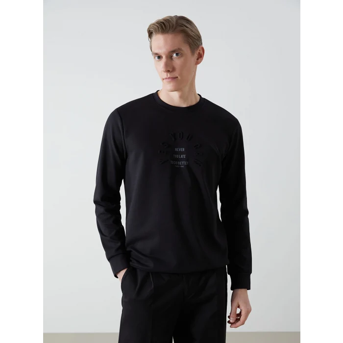 LCWAIKIKI Classic Siyah Bisiklet Yaka Uzun Kollu Baskılı Erkek Sweatshirt