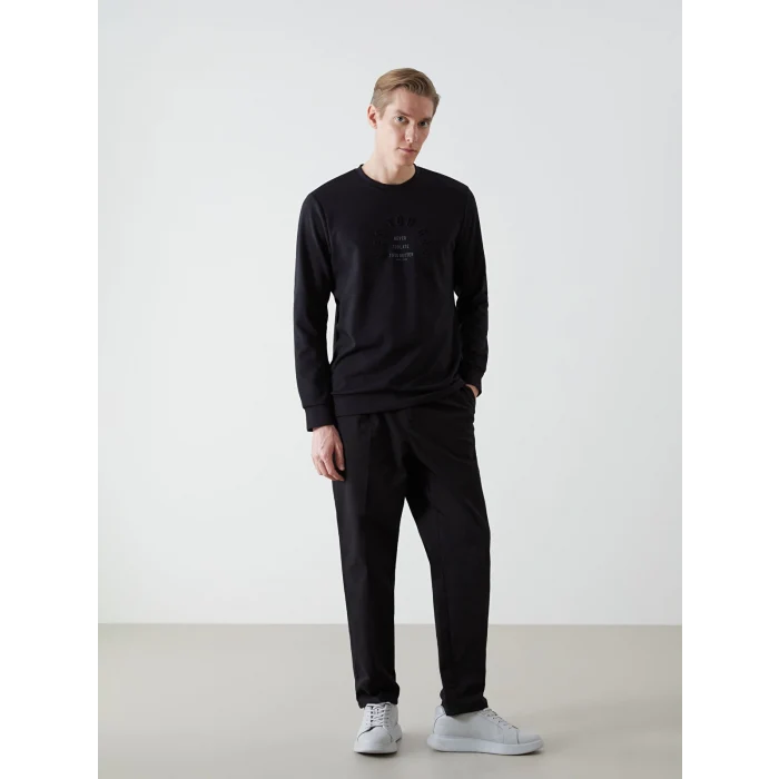 LCWAIKIKI Classic Siyah Bisiklet Yaka Uzun Kollu Baskılı Erkek Sweatshirt