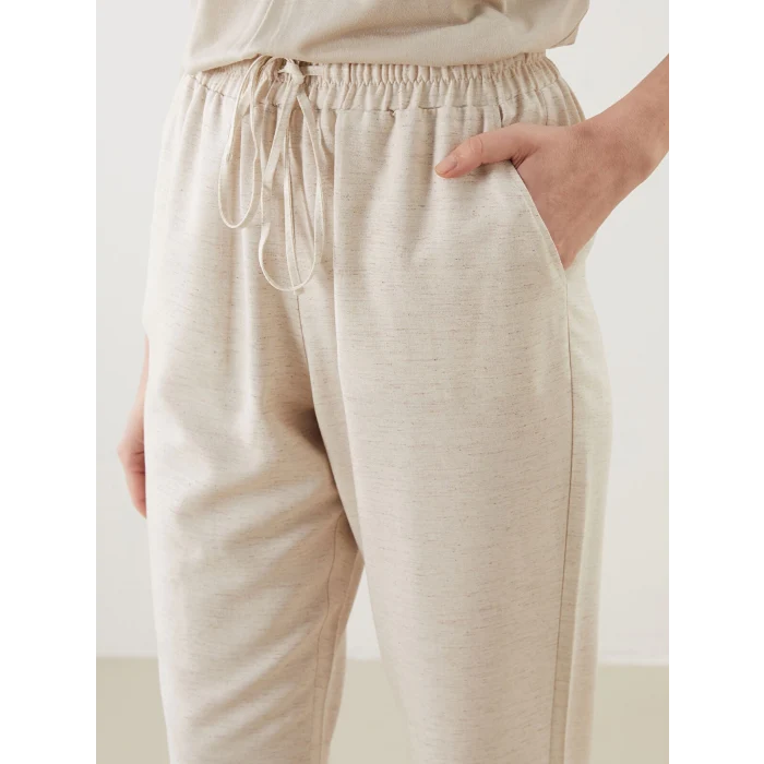 LCW Grace Bej Beli Lastikli Keten Karışımlı Kadın Pantolon