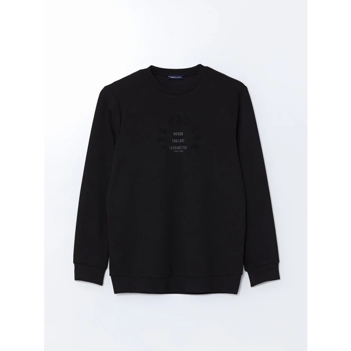 LCWAIKIKI Classic Siyah Bisiklet Yaka Uzun Kollu Baskılı Erkek Sweatshirt