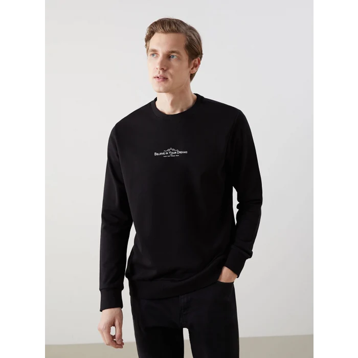 LCWAIKIKI Classic Siyah Bisiklet Yaka Uzun Kollu Baskılı Erkek Sweatshirt