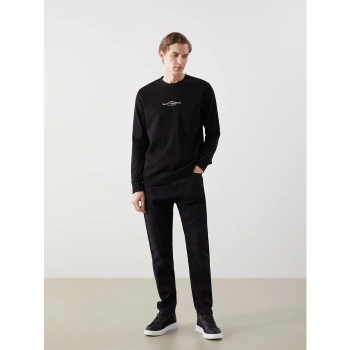 LCWAIKIKI Classic Siyah Bisiklet Yaka Uzun Kollu Baskılı Erkek Sweatshirt