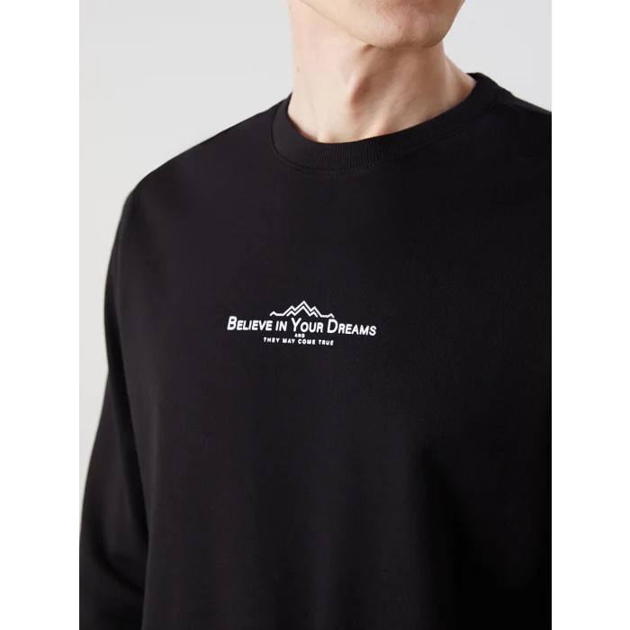 LCWAIKIKI Classic Siyah Bisiklet Yaka Uzun Kollu Baskılı Erkek Sweatshirt