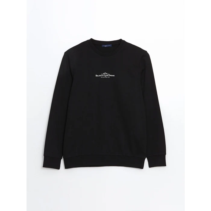 LCWAIKIKI Classic Siyah Bisiklet Yaka Uzun Kollu Baskılı Erkek Sweatshirt