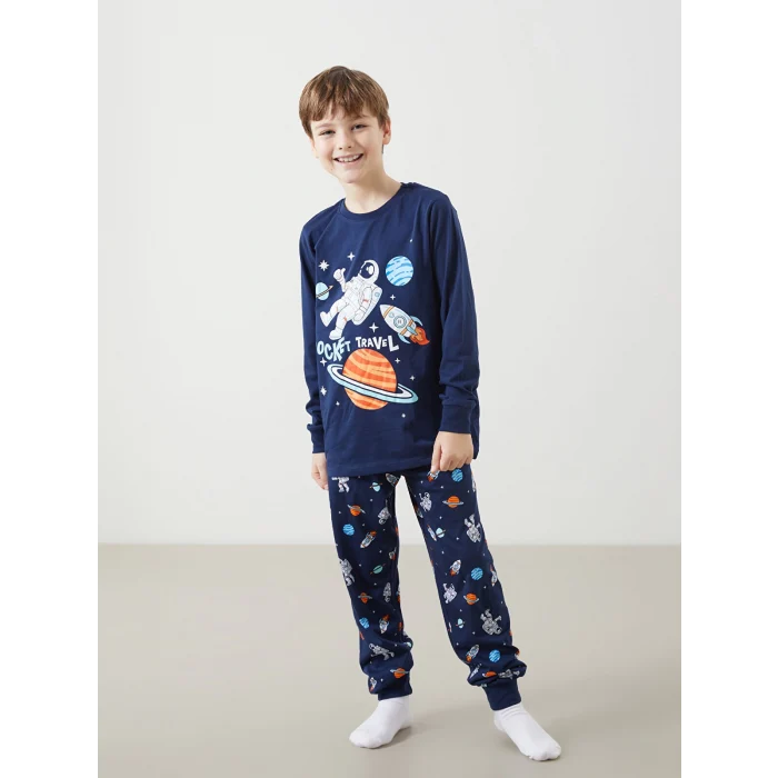 LCW Kids Lacivert Bisiklet Yaka Erkek Çocuk Pijama Takımı