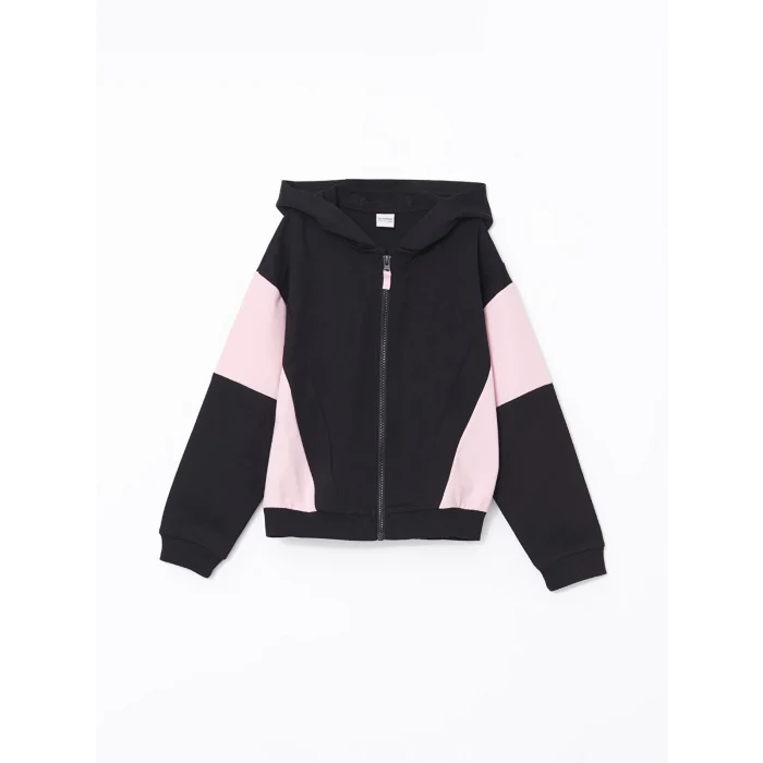 LCW Kids Siyah Kapüşonlu Kız Çocuk Fermuarlı Sweatshirt