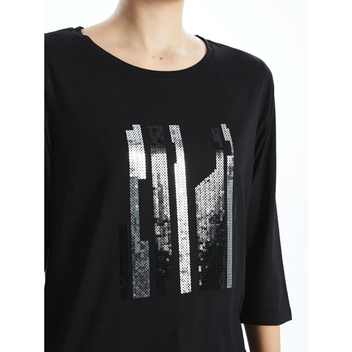 LCWAIKIKI Classic Siyah Bisiklet Yaka Pul İşlemeli Kadın Bluz