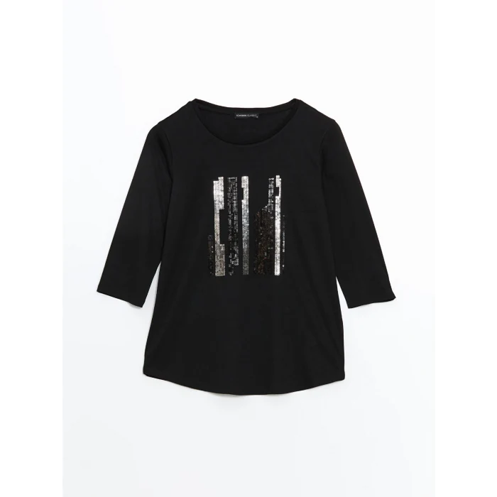 LCWAIKIKI Classic Siyah Bisiklet Yaka Pul İşlemeli Kadın Bluz