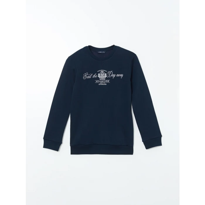 LCWAIKIKI Classic Lacivert Bisiklet Yaka Baskılı Erkek Kalın Sweatshirt