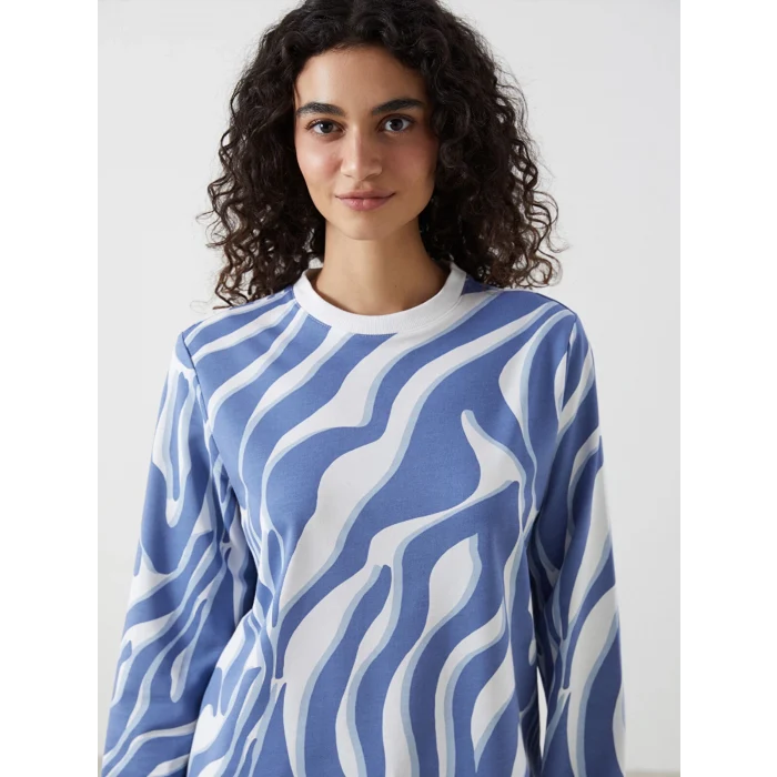 LCW Modest Mavi Bisiklet Yaka Desenli Kadın Sweatshirt Tunik