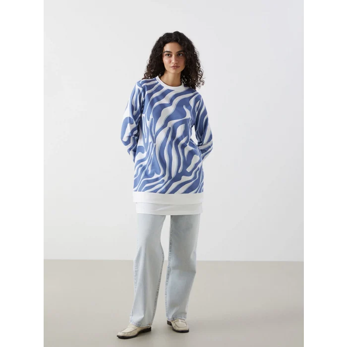 LCW Modest Mavi Bisiklet Yaka Desenli Kadın Sweatshirt Tunik