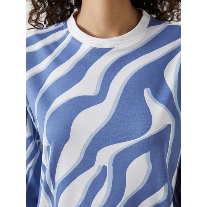 LCW Modest Mavi Bisiklet Yaka Desenli Kadın Sweatshirt Tunik