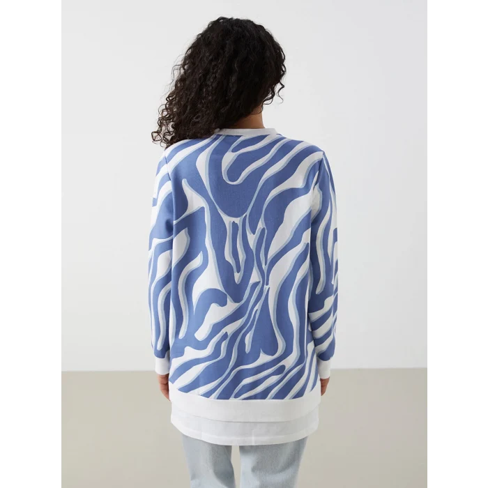 LCW Modest Mavi Bisiklet Yaka Desenli Kadın Sweatshirt Tunik