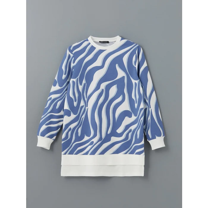 LCW Modest Mavi Bisiklet Yaka Desenli Kadın Sweatshirt Tunik