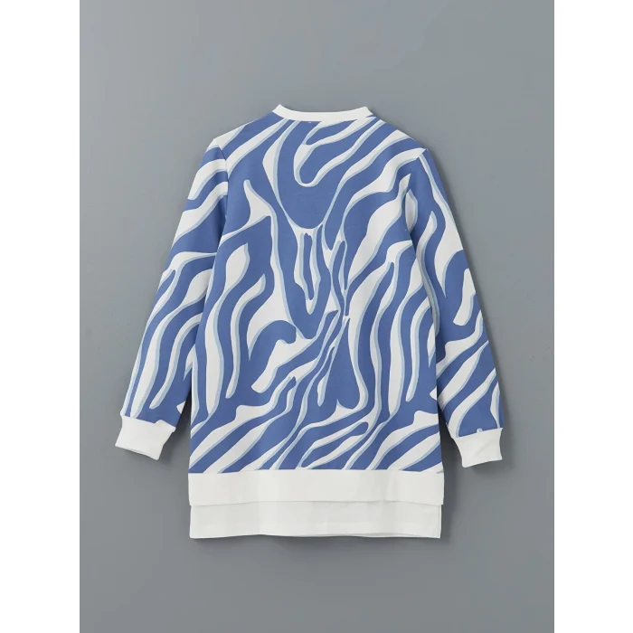 LCW Modest Mavi Bisiklet Yaka Desenli Kadın Sweatshirt Tunik