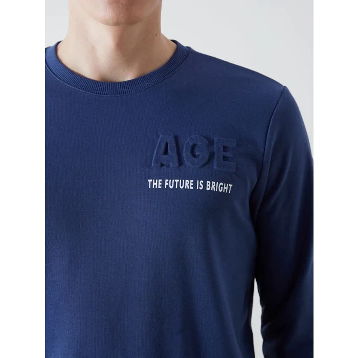 LCWAIKIKI Classic Lacivert Bisiklet Yaka Uzun Kollu Baskılı Erkek Sweatshirt