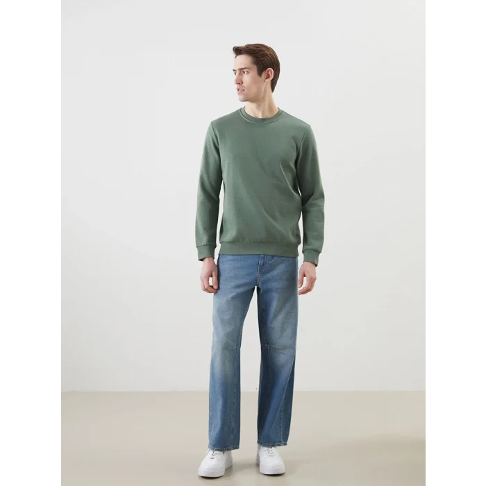 LCWAIKIKI Basic Yeşil Bisiklet Yaka Uzun Kollu Baskılı Erkek Sweatshirt