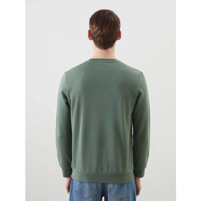 LCWAIKIKI Basic Yeşil Bisiklet Yaka Uzun Kollu Baskılı Erkek Sweatshirt