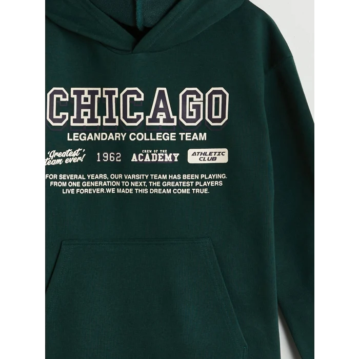 LCW Kids Yeşil Kapüşonlu Chicago Baskılı Erkek Çocuk Sweatshirt