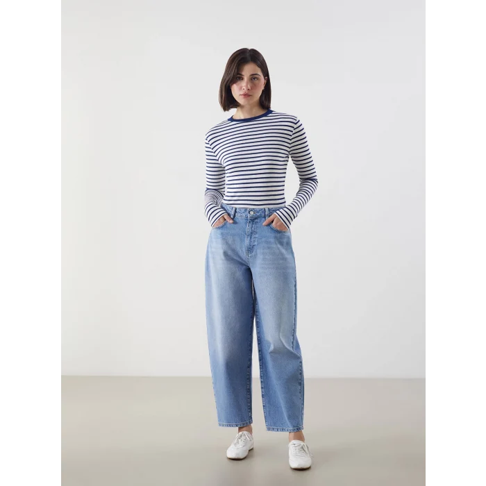 LCW Modest Lacivert Bisiklet Yaka Çizgili Kadın Body