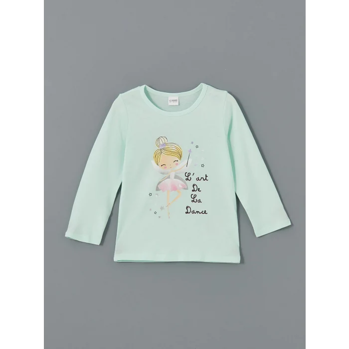 LCW Kids Turkuaz Bisiklet Yaka Baskılı Kız Çocuk Pijama Takımı