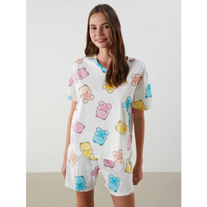 LCW Young Ekru Bisiklet Yaka Desenli Kadın Şortlu Pijama Takımı