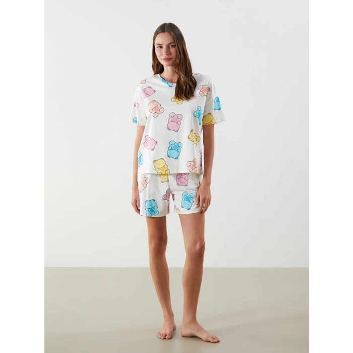 LCW Young Ekru Bisiklet Yaka Desenli Kadın Şortlu Pijama Takımı