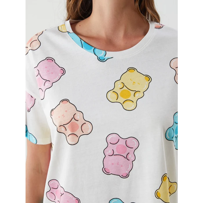 LCW Young Ekru Bisiklet Yaka Desenli Kadın Şortlu Pijama Takımı