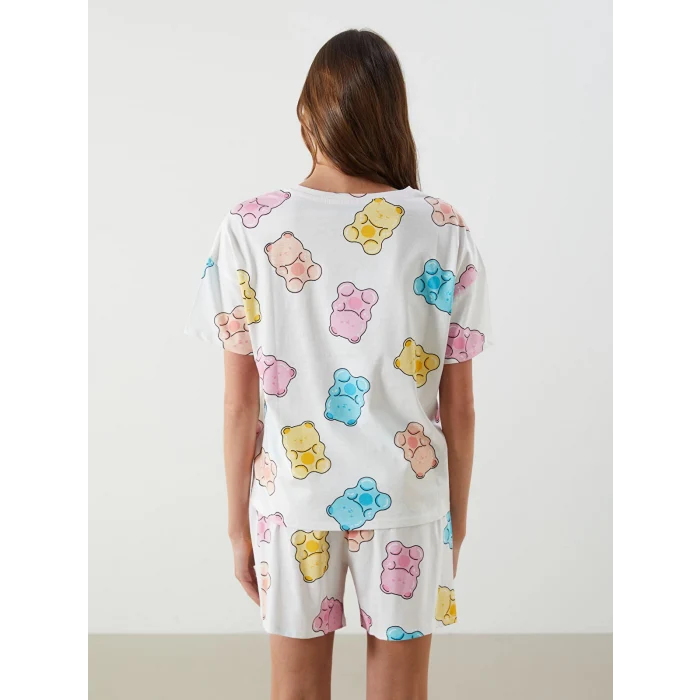 LCW Young Ekru Bisiklet Yaka Desenli Kadın Şortlu Pijama Takımı