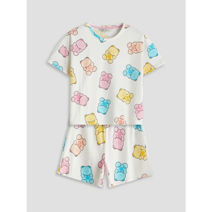 LCW Young Ekru Bisiklet Yaka Desenli Kadın Şortlu Pijama Takımı