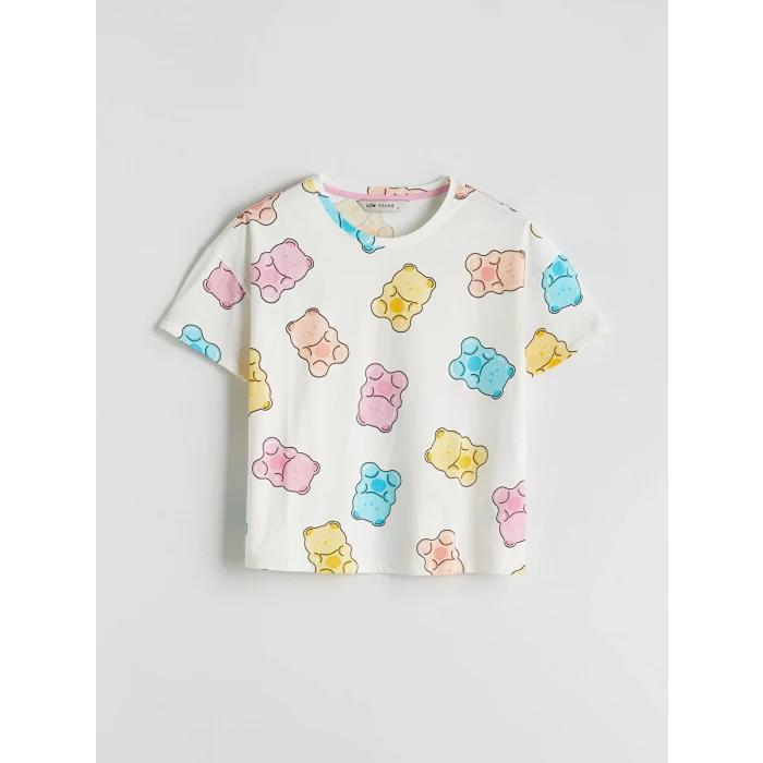 LCW Young Ekru Bisiklet Yaka Desenli Kadın Şortlu Pijama Takımı