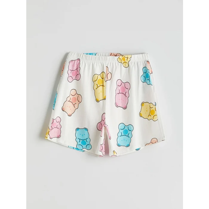 LCW Young Ekru Bisiklet Yaka Desenli Kadın Şortlu Pijama Takımı