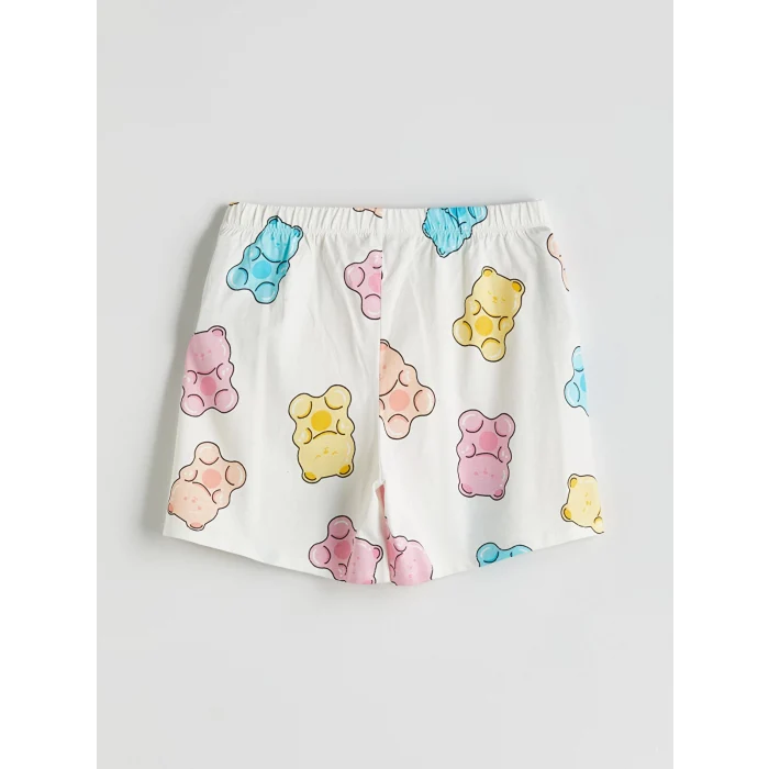 LCW Young Ekru Bisiklet Yaka Desenli Kadın Şortlu Pijama Takımı