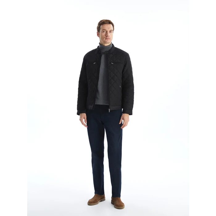 LCWAIKIKI Classic Siyah Standart Kalıp Biker Yaka Kapitoneli Erkek Mont