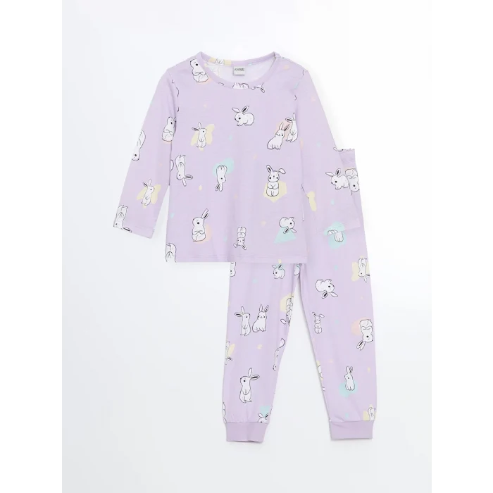 LCW Kids Lila Bisiklet Yaka Uzun Kollu Baskılı Kız Bebek Pijama Takımı