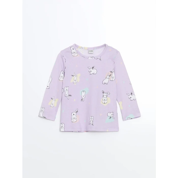 LCW Kids Lila Bisiklet Yaka Uzun Kollu Baskılı Kız Bebek Pijama Takımı
