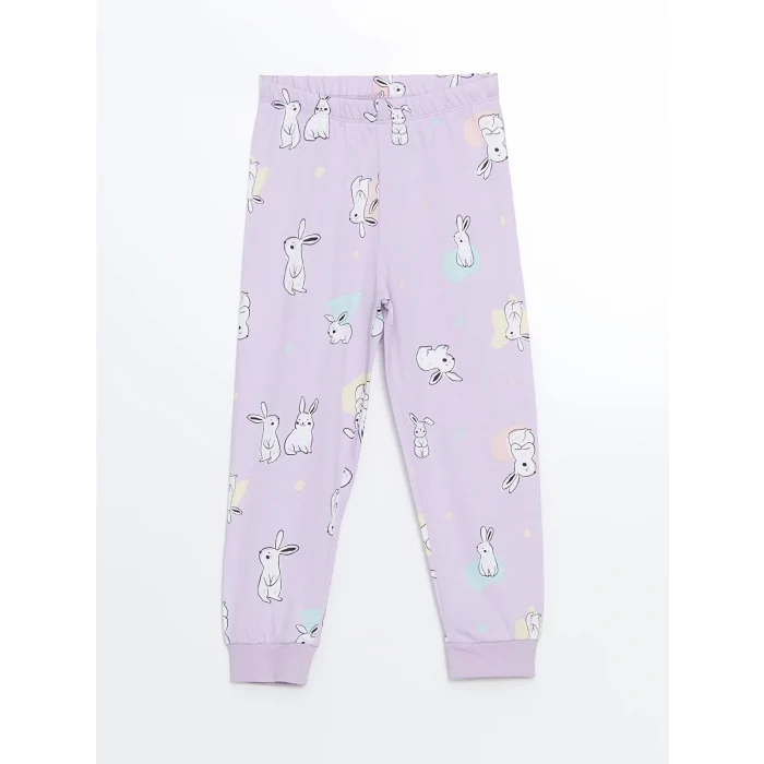 LCW Kids Lila Bisiklet Yaka Uzun Kollu Baskılı Kız Bebek Pijama Takımı