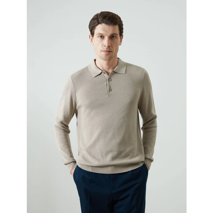 LCWAIKIKI Classic Bej Polo Yaka Uzun Kollu Erkek Triko Kazak