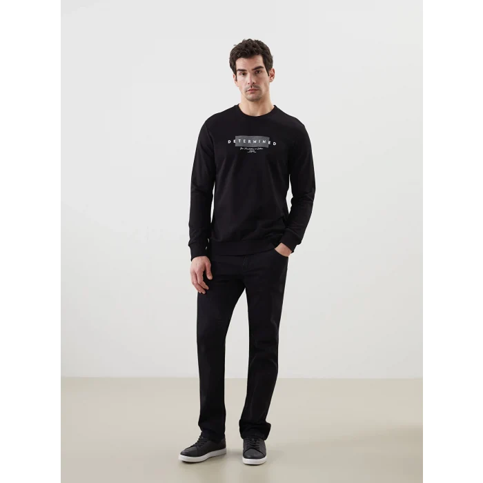 LCWAIKIKI Classic Siyah Bisiklet Yaka Uzun Kollu Baskılı Erkek Sweatshirt