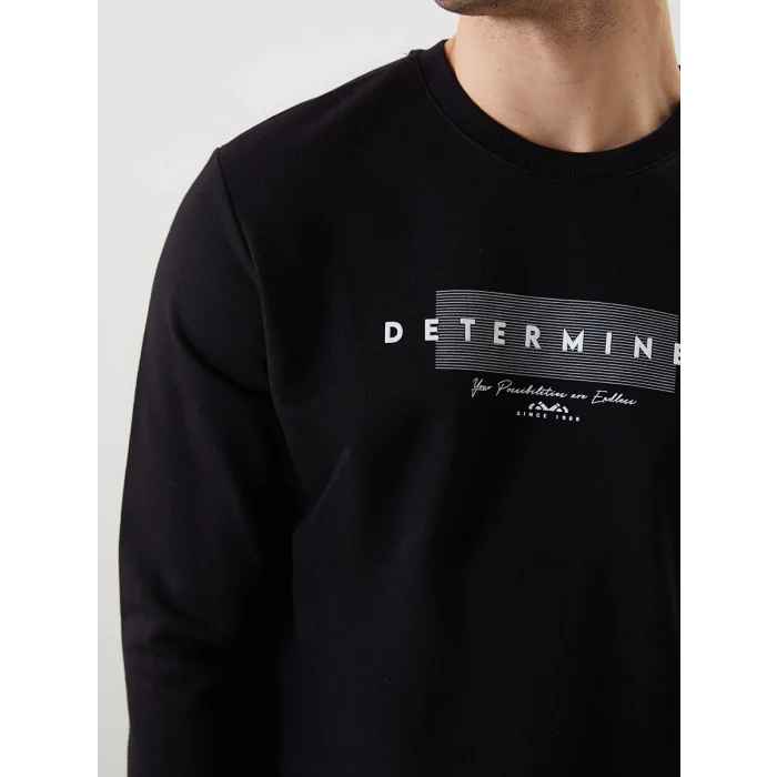 LCWAIKIKI Classic Siyah Bisiklet Yaka Uzun Kollu Baskılı Erkek Sweatshirt