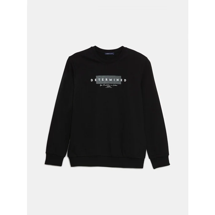 LCWAIKIKI Classic Siyah Bisiklet Yaka Uzun Kollu Baskılı Erkek Sweatshirt
