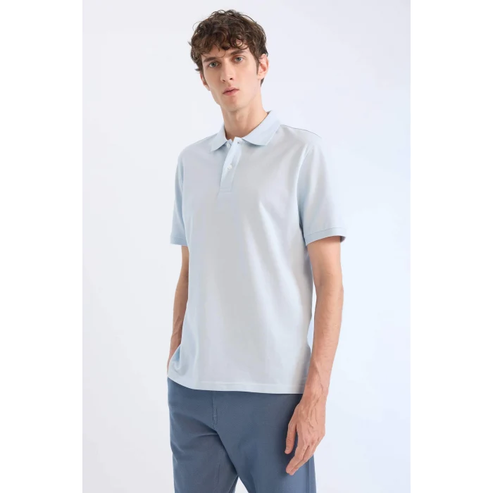 Defacto C1293 Mavi %100 Pamuk Regular Fit Kısa Kollu Basic Düz Pike Kumaş Polo Tişört